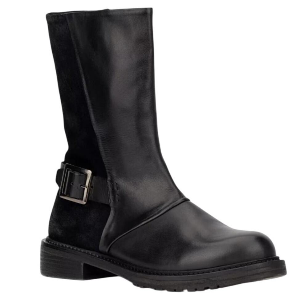 Women's Black Leather Buckle Mid-Calf Boot